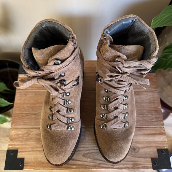 Jeffrey Campbell Tan Genuine Suede Leather Hiking Lug Sole Platform Wedge Boots - Picture 4 of 14